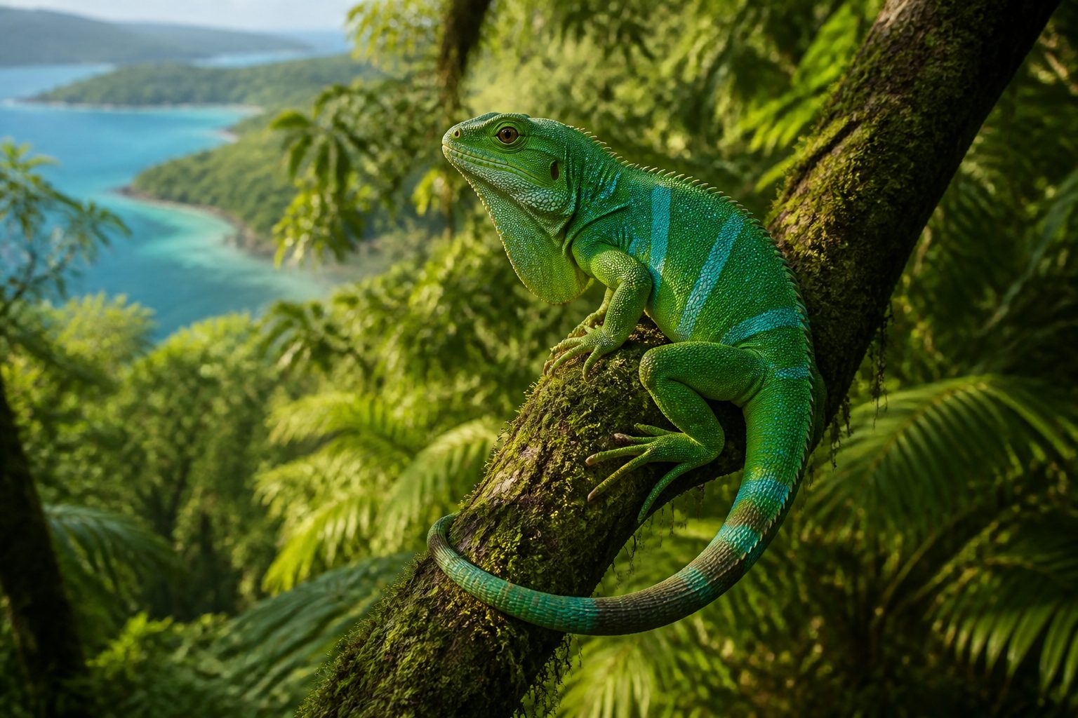 A bright green Fiji iguana with a short dorsal crest perched in a sunlit forest canopy.